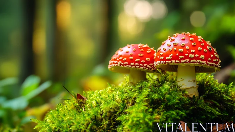 Twin fly agaric mushrooms glowing on lush forest moss.