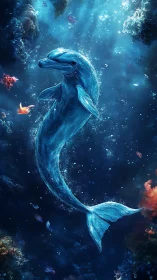 Luminescent dolphin portrait in deep-sea vertical composition.