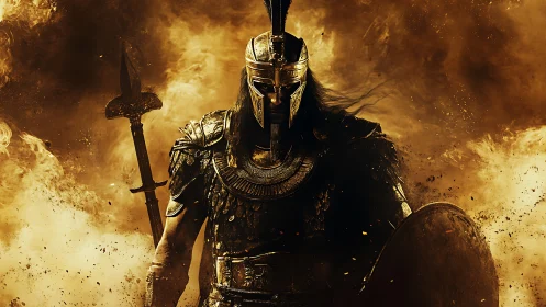 Firelit warrior strides through swirling golden battle smoke.