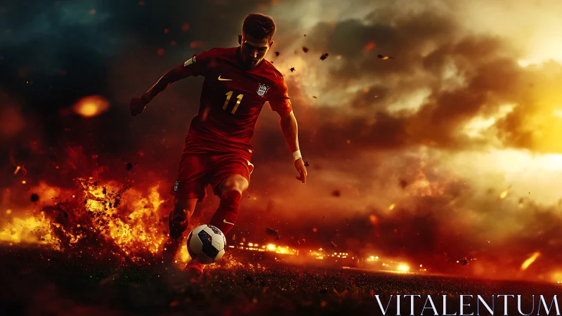 Explosive soccer striker in dynamic motion across fiery pitch