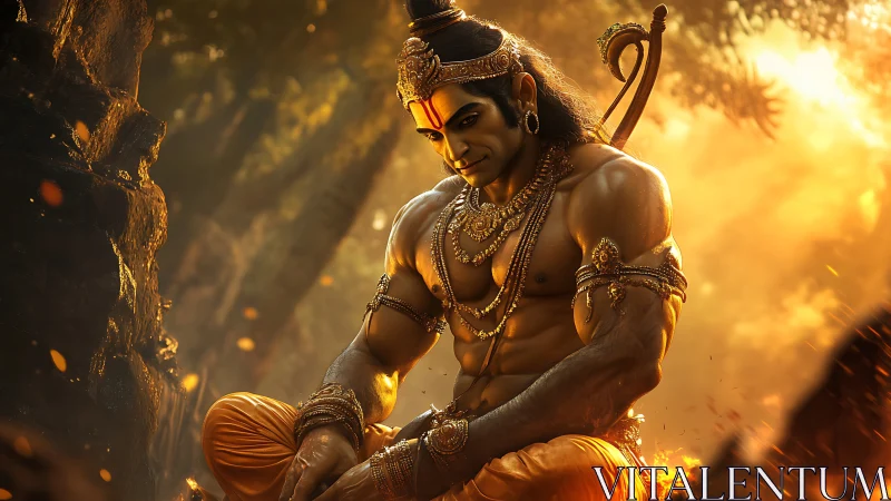 Cinematic warrior deity in volumetric sunset lighting with ornate jewelry