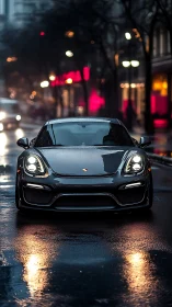 Midnight rain runner, sleek sports car on neon city streets.