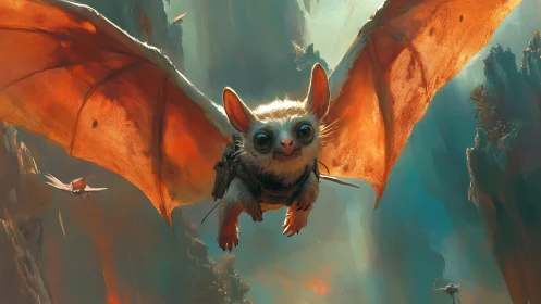 Wide eyed gliding bat creature over misty canyon realm.