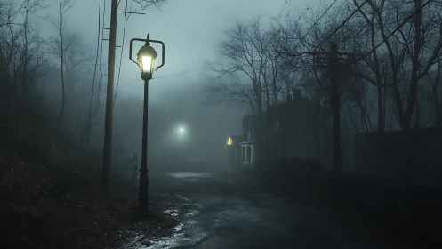 Foggy night road with lampposts and distant houses.