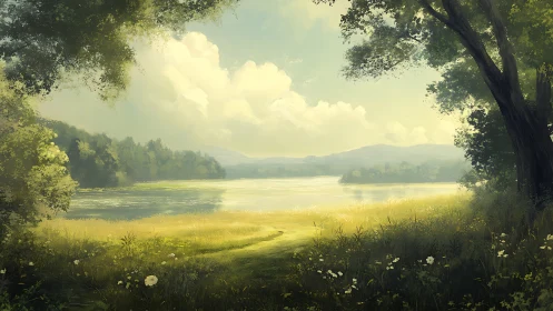 Sunlit riverside meadow rendered in soft atmospheric digital painting