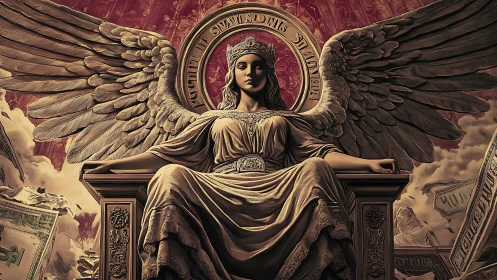 Winged crowned woman seated on ornate throne in temple