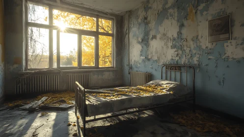 Sunlit abandoned bedroom captures quiet decay and memory