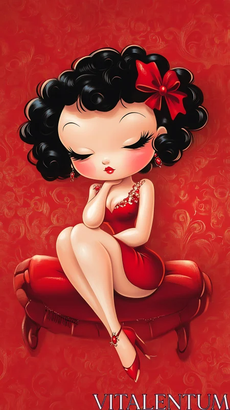 Cartoon pinup girl in red dress on matching red bench.