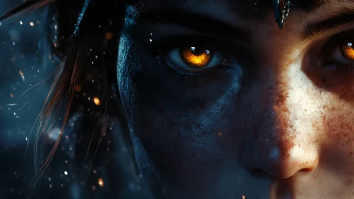 Close view of freckled face with glowing amber eyes.