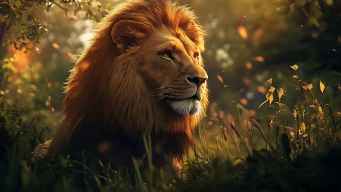 Golden-hour forest monarch resting in a glowing leafstorm.