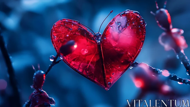 Translucent red heart-shaped butterfly with water droplets