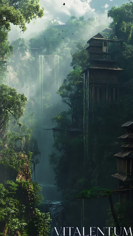 Abandoned Wooden Architecture in Mist-Shrouded Canyon with Cascading Waterfall