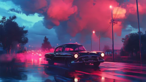 Retro sedan glows under neon storm clouds on wet roadway.