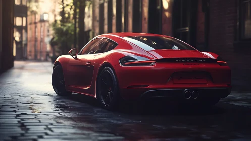 Rear-quarter view of red sports coupe on wet cobblestone street