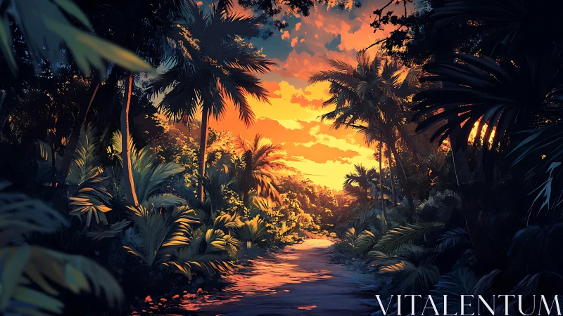 Sunlit jungle path under vivid orange sunset sky.