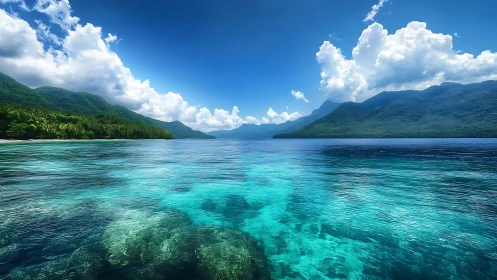Tropical bay with clear turquoise water and green hills.