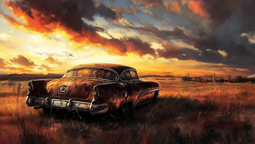 Rust-touched classic car dreaming beneath wildfire sunset skies.