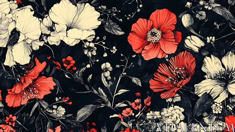 Floral pattern with red and cream blooms on dark background.