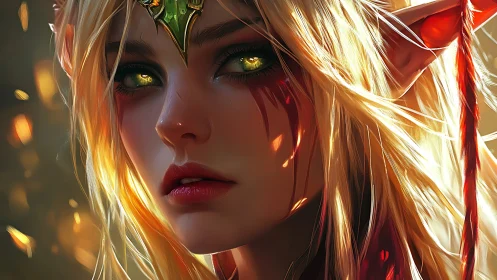 Enchanted elven warrior gazes ahead in burning golden light