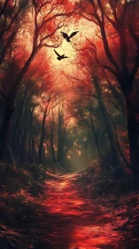 Crimson Forest Path with Birds in Flight and Glowing Atmosphere