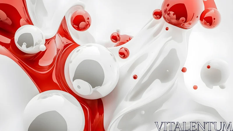 Glossy Red and White Abstract 3D Spheres and Fluid Shapes.