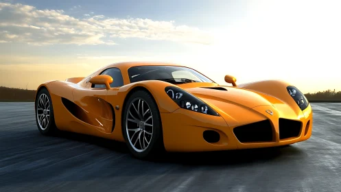 Sunlit orange supercar racing across open asphalt at dusk.