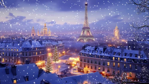 Snowlit Parisian skyline with Eiffel Tower at blue hour.