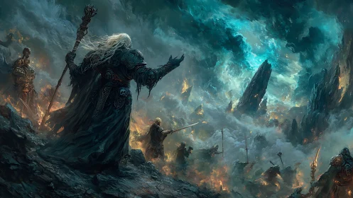 Stormcaller warlock commands legions in burning ravine sky.