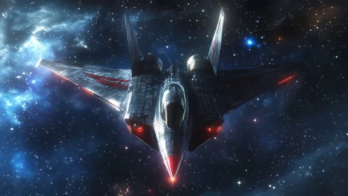 Sleek futuristic starfighter cruising alone in deep space.