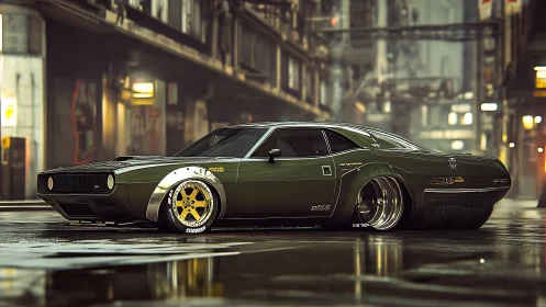 Widebody muscle car prowls a neon-soaked cyberpunk alleyway.