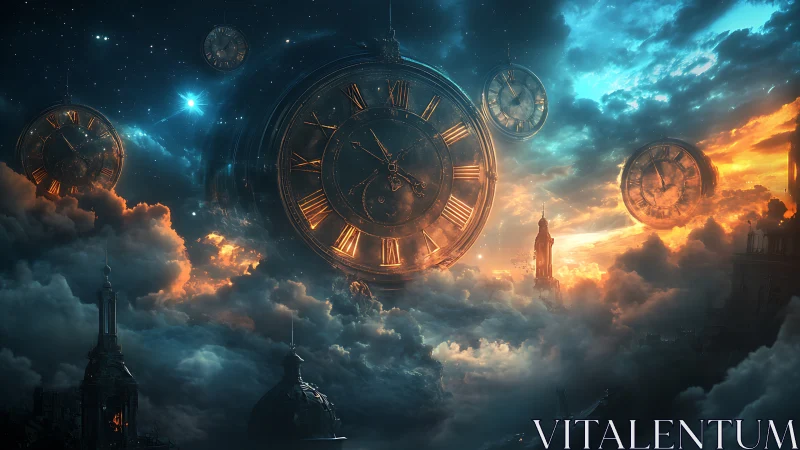 Colossal celestial clockwork drifts above storm-lit city sky