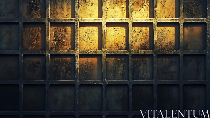 Industrial grid wall with dramatic golden lighting, textured style.