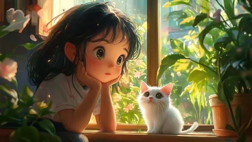 Dreamy girl and white kitten share a sunny windowsill moment