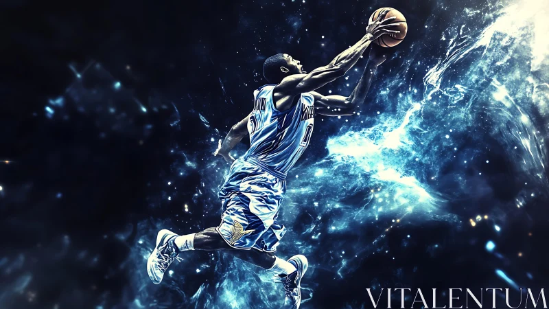 Cosmic basketball slam dunk in electric blue space storm.