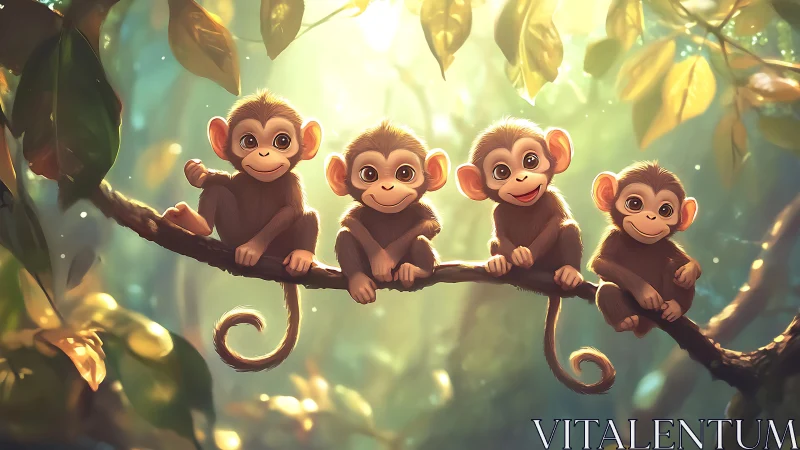 Soft-lit stylized baby monkeys sit aligned on a branch in jungle