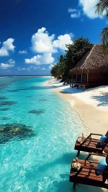 Tropical beachfront villa overlooks crystal turquoise lagoon.