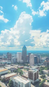 Sky-tall skyline crowned by a single glass-clad giant.