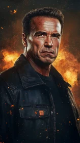 Weathered action hero amid blazing cinematic firestorm.