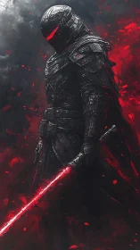 Dark armored warrior stands within swirling crimson embers.