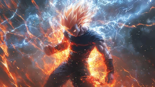 Energy-charged fighter stands amid intersecting fire and lightning