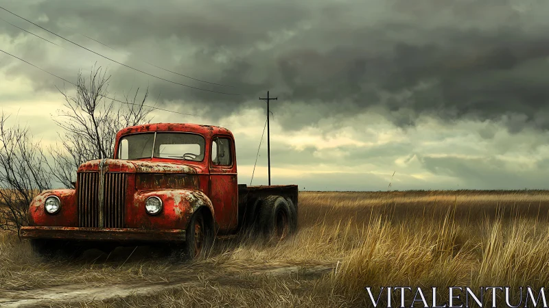 Rusty red truck under storm clouds in lonely grassland.