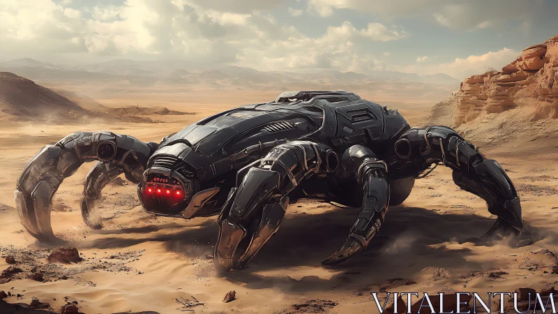 Futuristic spider tank prowls across windswept desert dunes.
