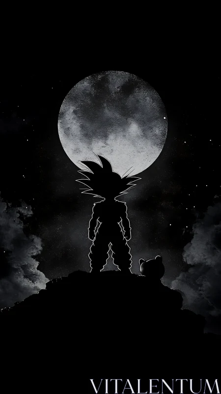 Silhouetted spiky-haired warrior and companion under full moon
