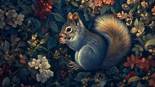 Squirrel with berry nestled in ornate twilight florals.
