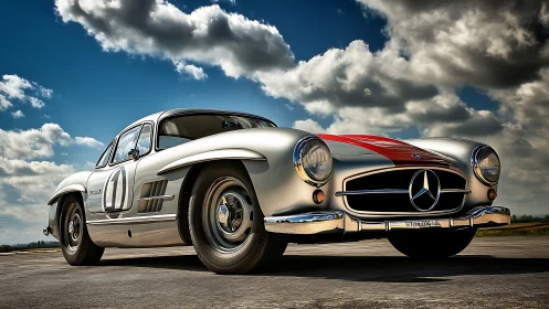 Photorealistic Mercedes 300SL racing coupe under dramatic sky