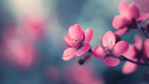 Pink Cherry Blossoms Backlit Against Soft Blue Bokeh.