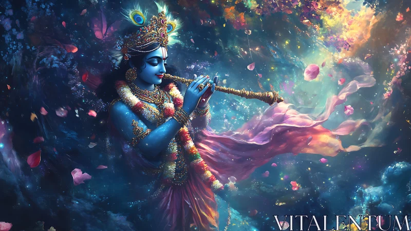 Digital painting of celestial flute player in cosmic bloom.