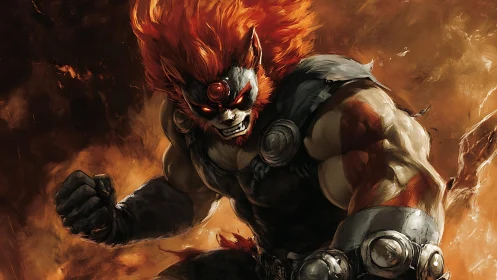 Fire-maned beast warrior charges through molten storm.