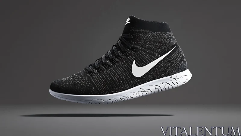Black knit Nike sneaker floats in minimal studio lighting