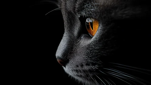 Gray cat head shown in profile with amber-colored eye